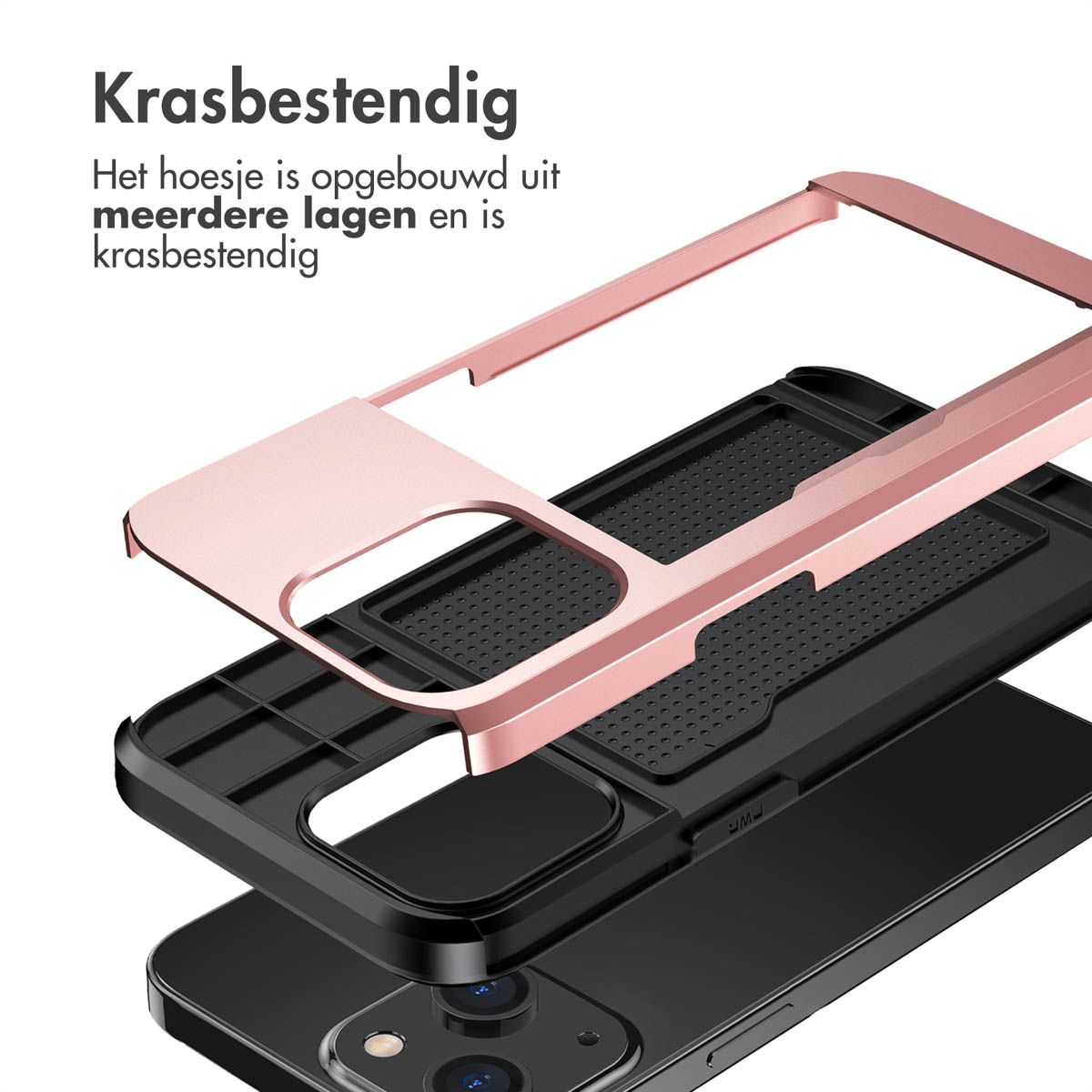 Exploded view van een roségouden telefoonhoes met meerdere lagen over een zwarte telefoon.