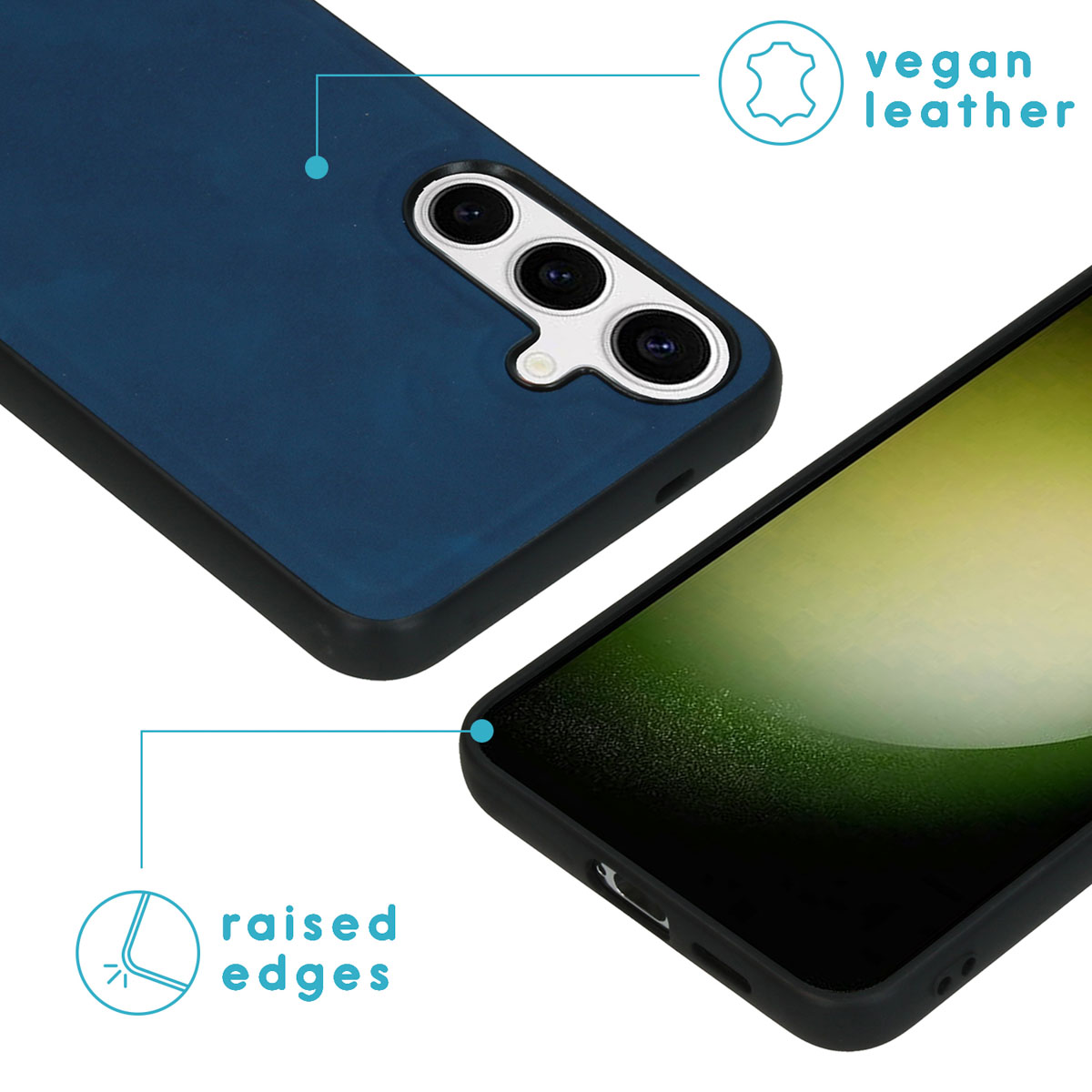 Blaue vegane Leder-Handyhülle mit Kameraaussparung und raised edges Text.