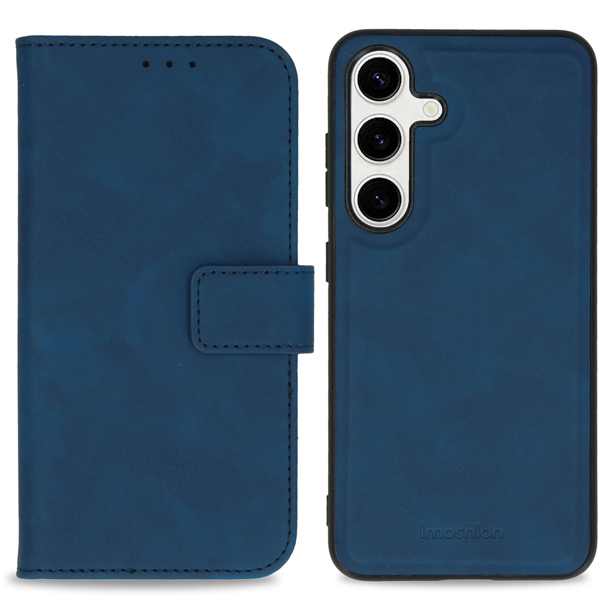 Blauwe leren portemonnee case en telefoon met drievoudig camerasysteem.