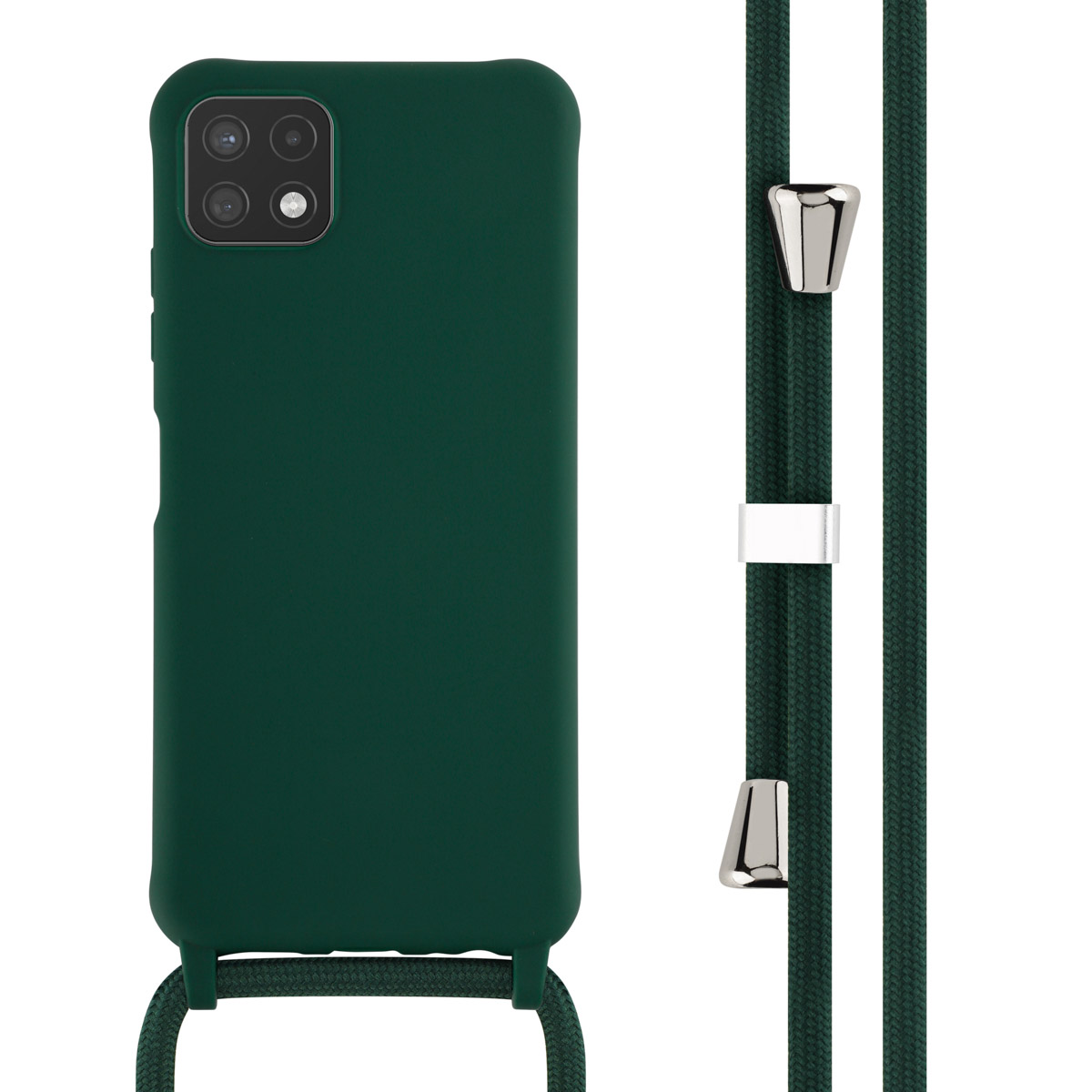 Groene telefoonhoes met bijpassend koord. De telefoon heeft een camera.
