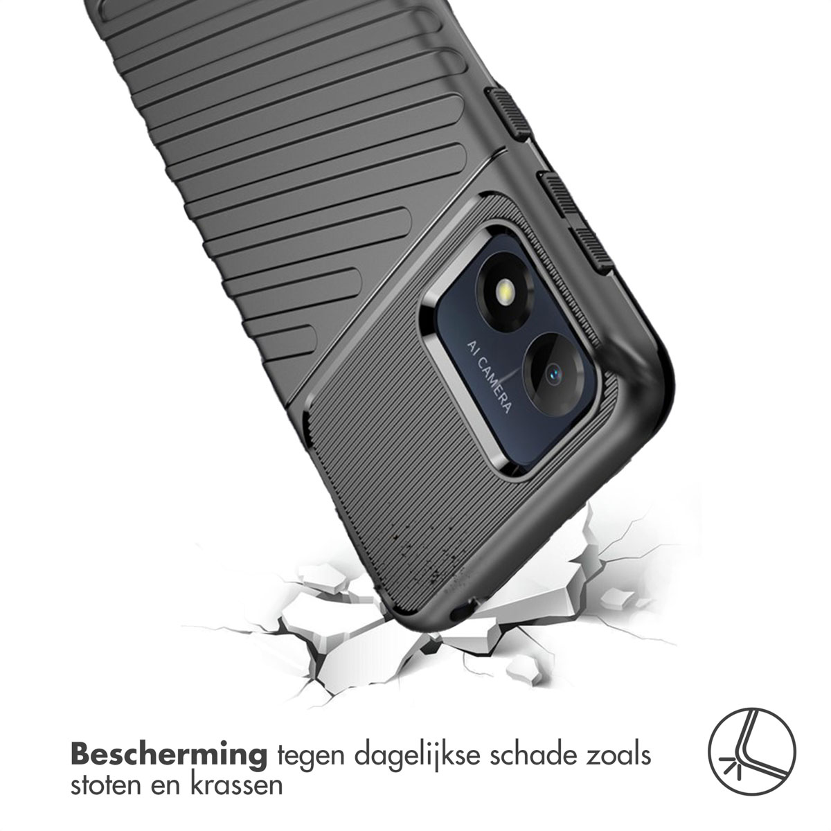 Zwarte geribbelde telefoonhoes valt op gebarsten wit oppervlak. AI Camera tekst.