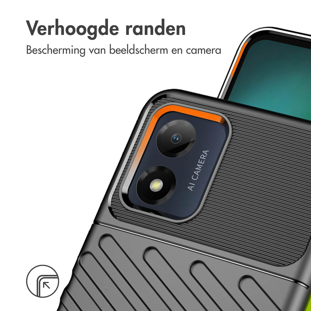 Close-up van een telefoonhoes met verhoogde randen en cameralens.