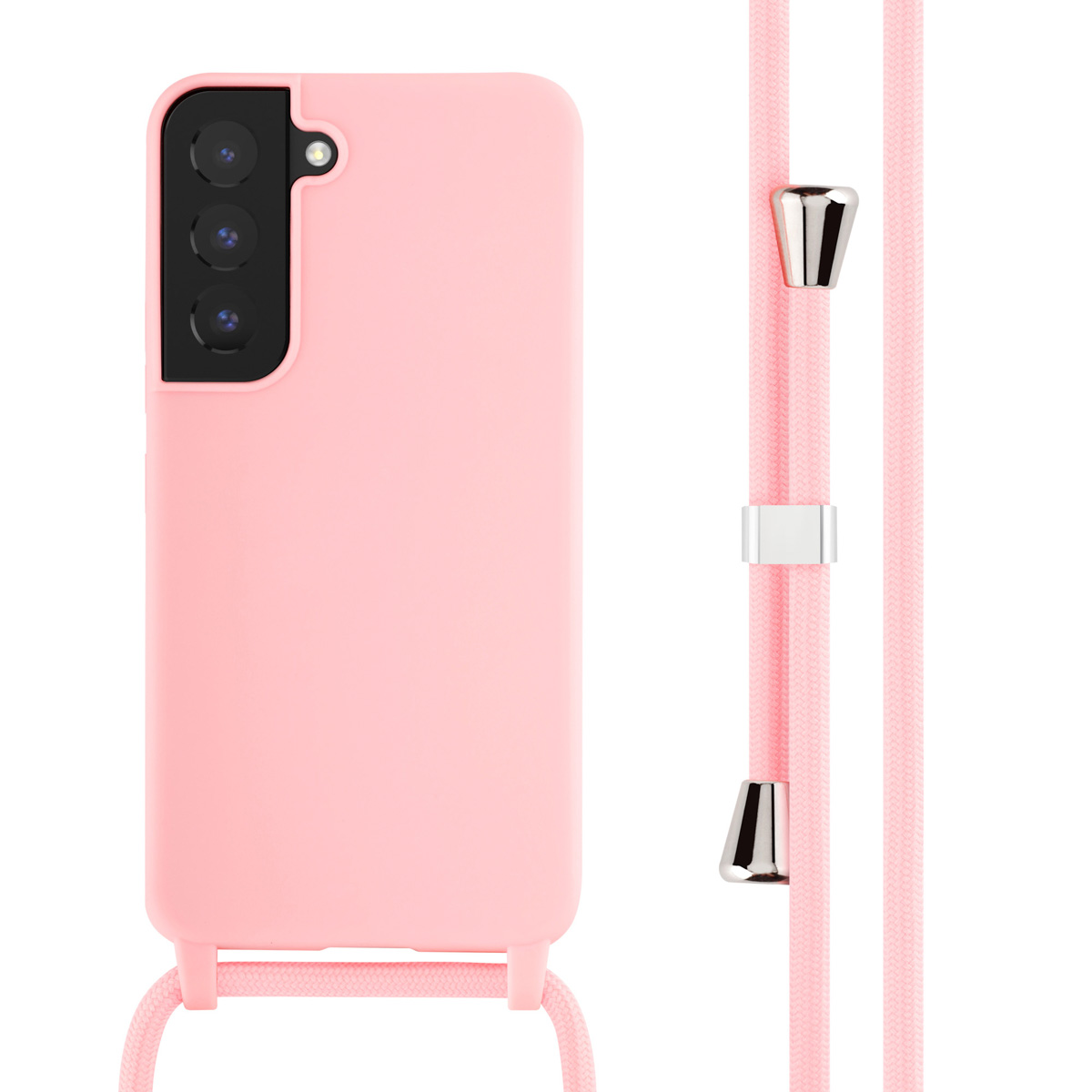 A pink phone case with a pink cord and silver attachments. The phone is on a white background.