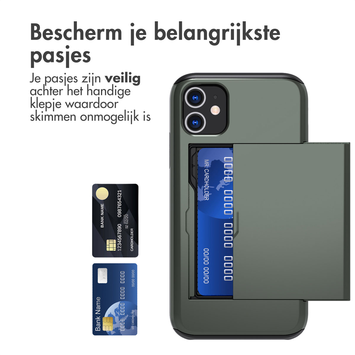 Telefoonhoesje met een kaarthouder en twee creditcards zichtbaar. Tekst: 'Bescherm je pasjes'.