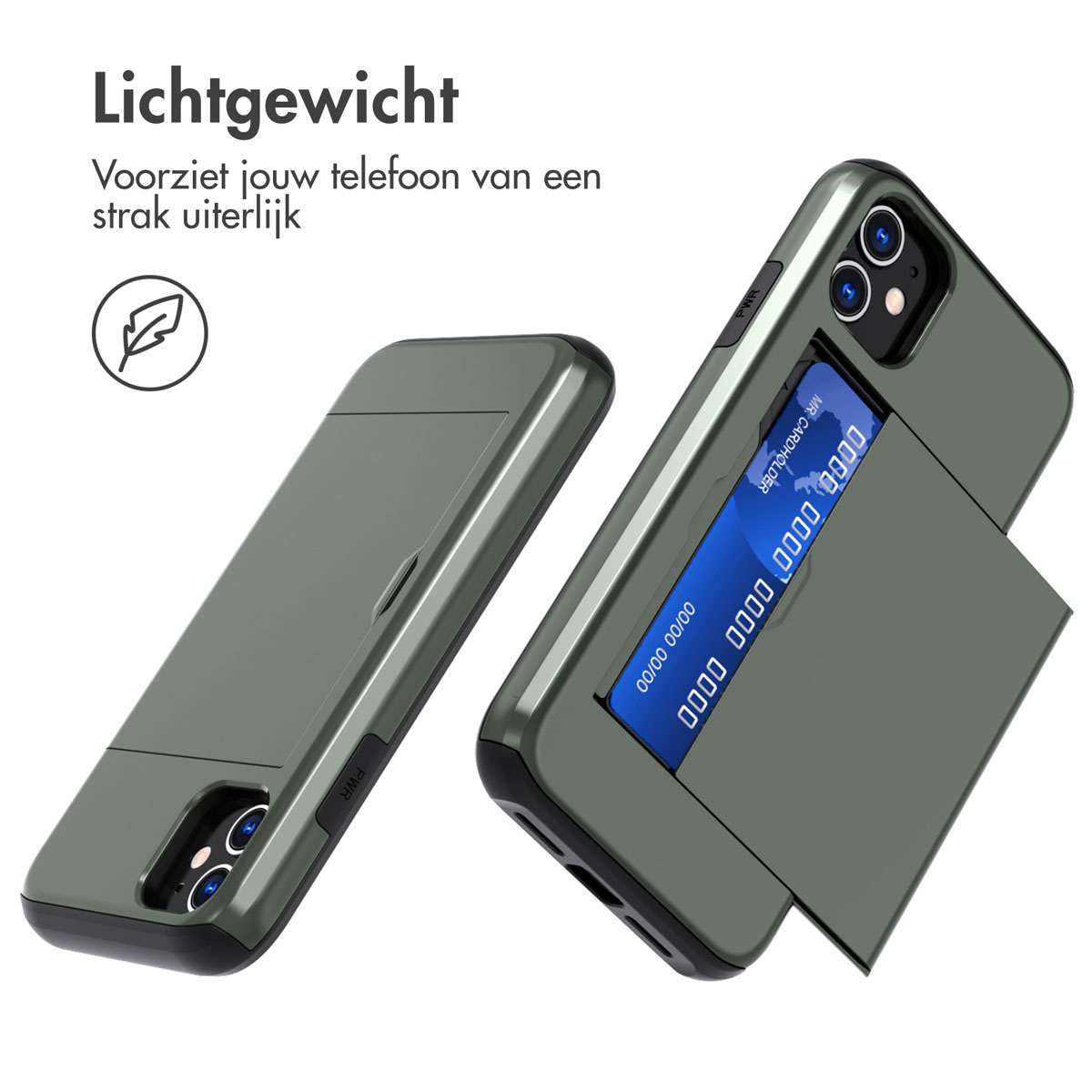 Twee telefoonhoesjes met kaartsleuven. Eén is open en toont een creditcard. De hoesjes zijn olijfgroen.