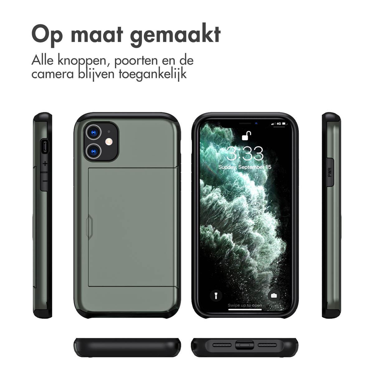 Telefoonhoesje met een sleuf voor kaarten, met meerdere hoeken die de hoes en de telefoon laten zien.