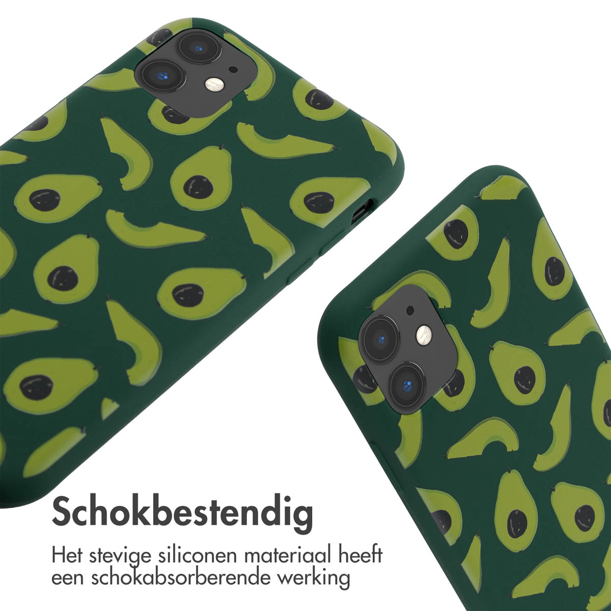 Zwei Handyhüllen mit Avocado-Muster auf dunklem Hintergrund.