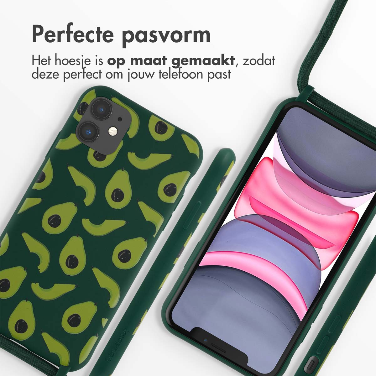 Grüne Handyhülle mit Avocado-Muster und einem Telefon mit rosa und violetten Streifen.
