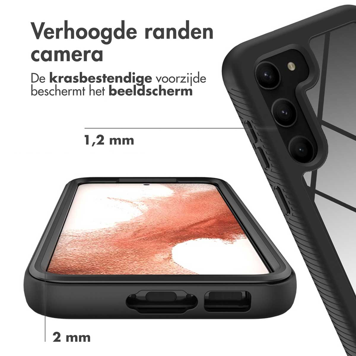 Zwarte telefoonhoes met verhoogde randen (1,2 mm) beschermt camera en scherm.