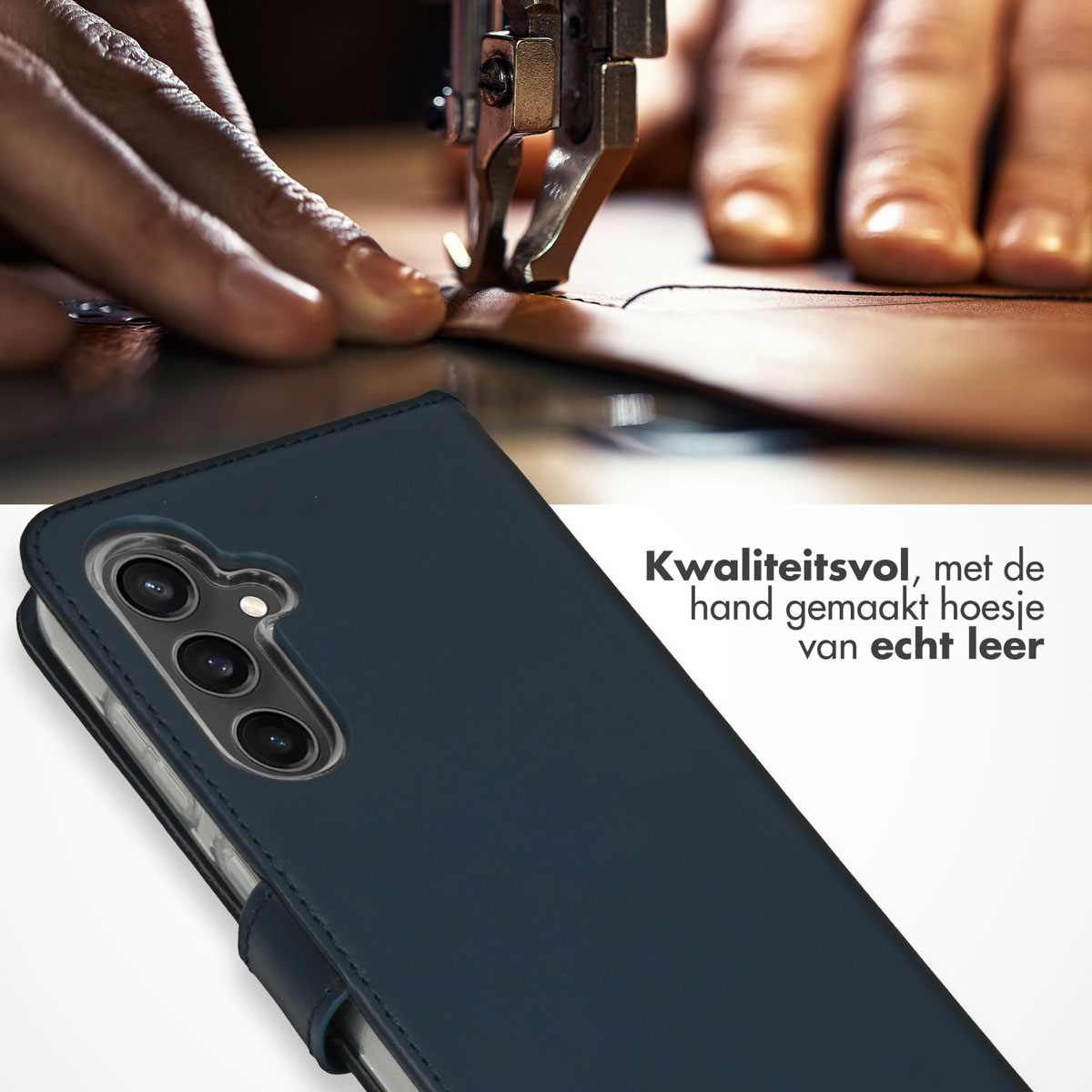 Un étui de téléphone avec un téléphone à l'intérieur. Une main coud l'étui en cuir. Étui de qualité, fait à la main.