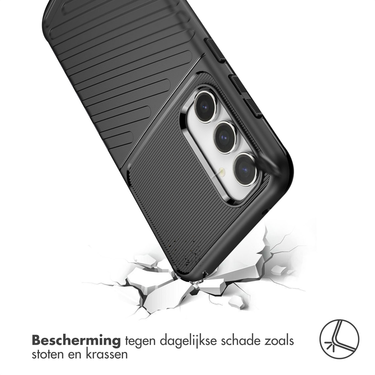 Coque de téléphone noire nervurée brise une barrière blanche.