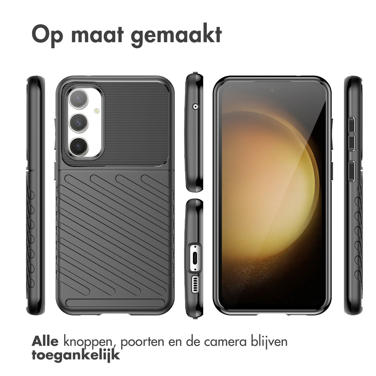 Plusieurs vues d'une coque de téléphone noire avec un dos texturé et un écran de téléphone.