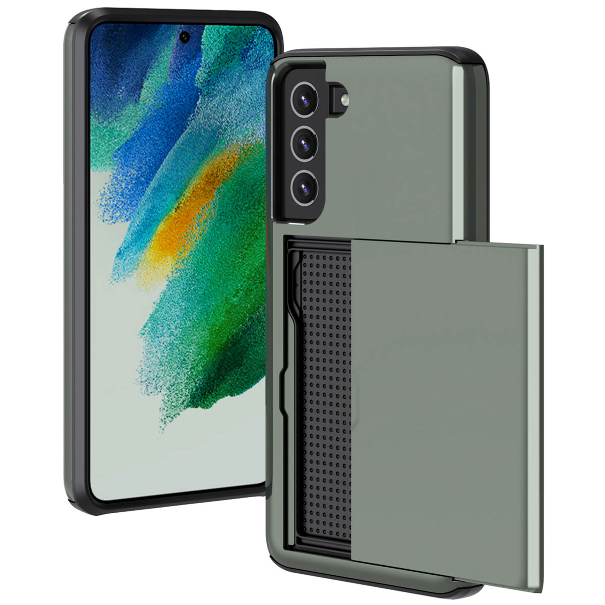 Telefoonhoesje met een schuifbare camerahoes, open. Telefoonscherm is zichtbaar.