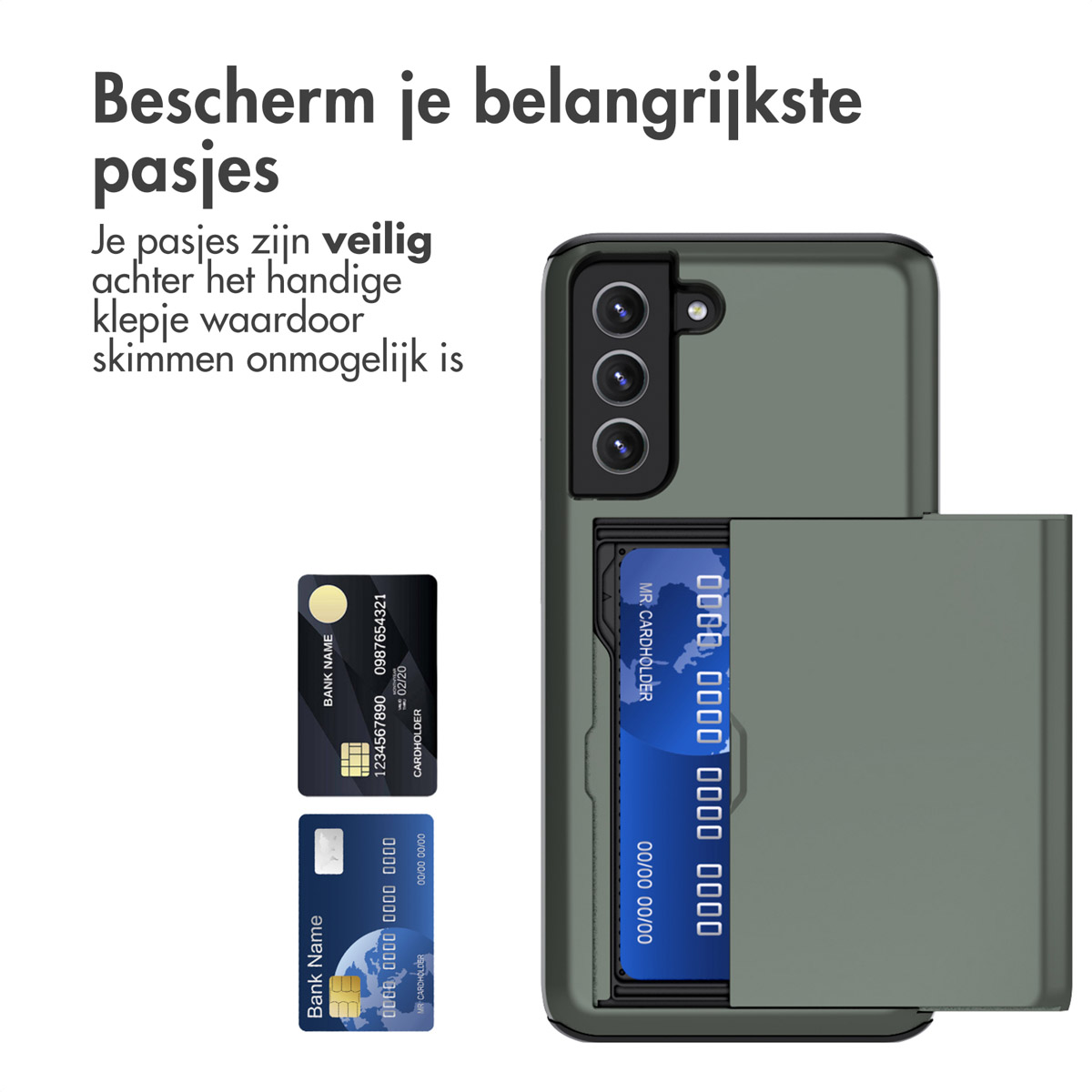 Telefoonhoesje met kaarten erin. Twee kaarten met nummers. Groene hoes met kaarten achter de flap.