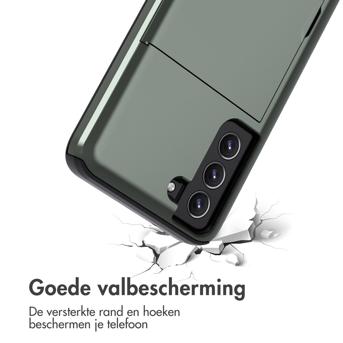 Grijze telefoonhoes breekt op witte ondergrond met tekst.