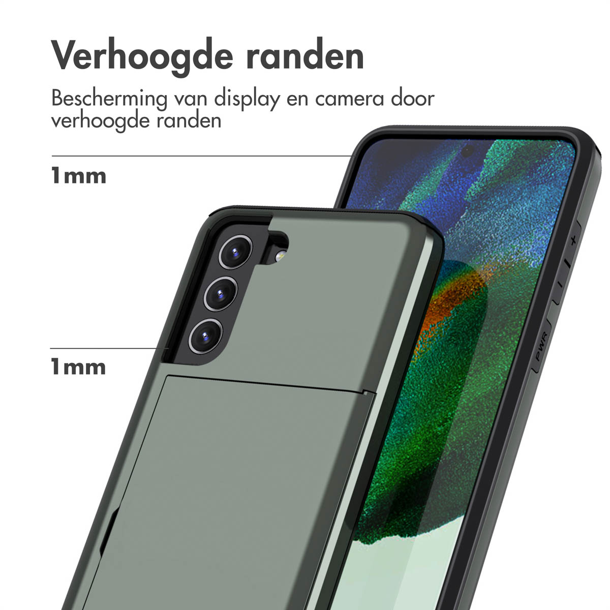 Groene telefoonhoes met 1mm verhoogde randen voor scherm- en camerabescherming.
