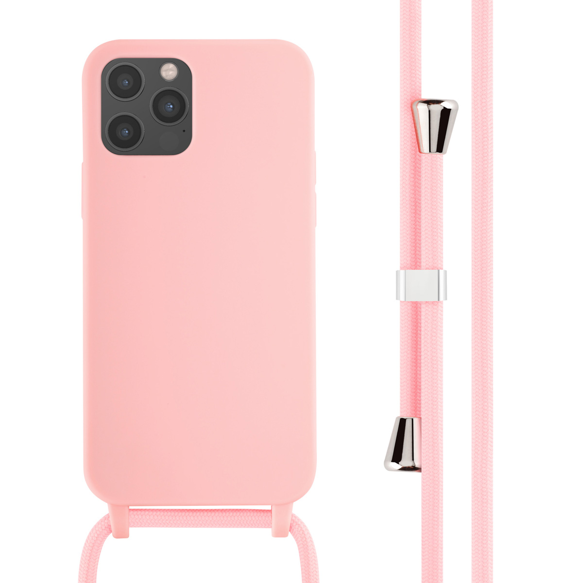 Coque de téléphone rose avec une sangle rose. La coque est attachée à un cordon rose.