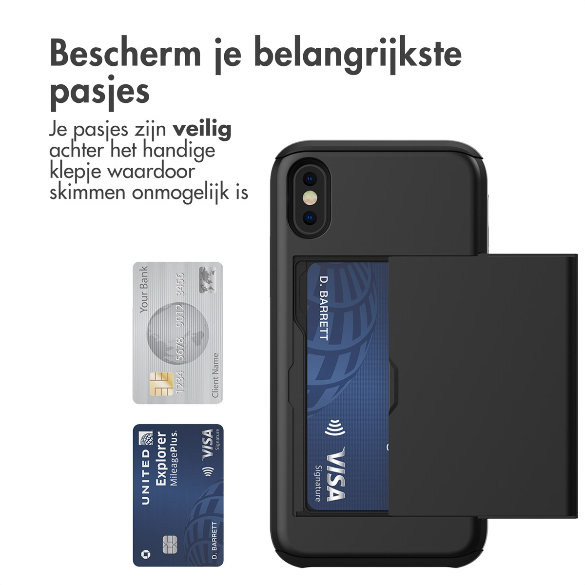 Zwarte telefoonhoes met kaartsleuven. Drie kaarten worden getoond.