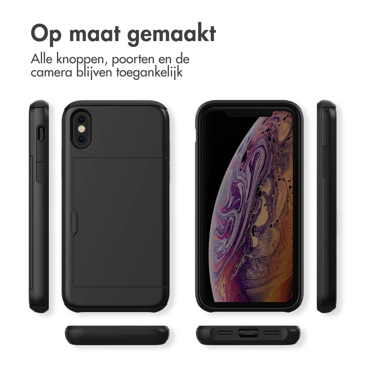 Une coque de téléphone noire avec porte-cartes et un smartphone avec fond d'écran coloré.