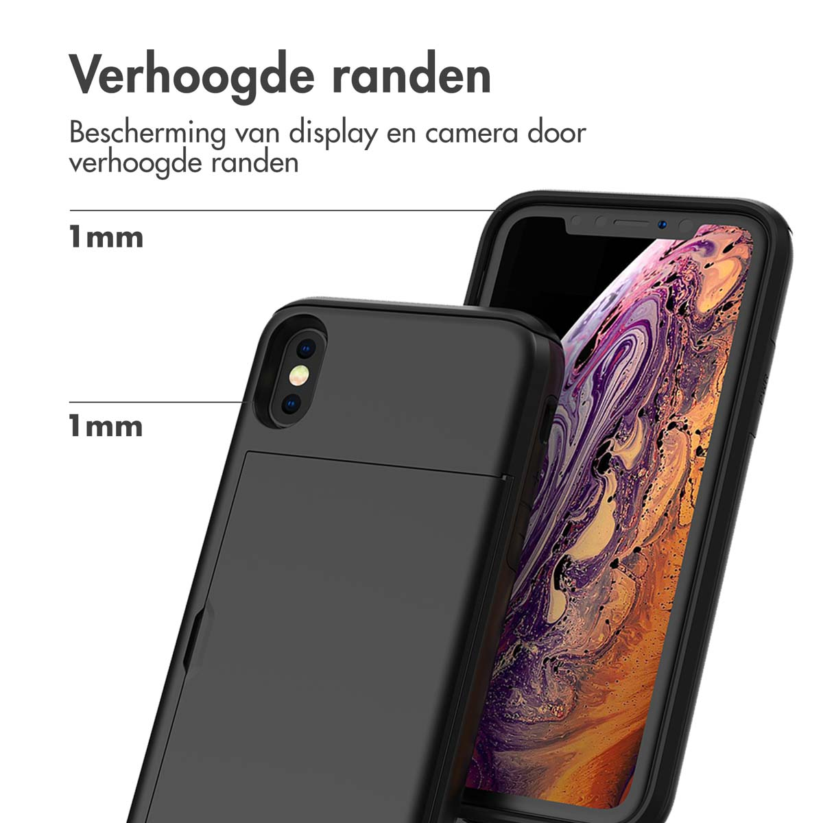 Coque de téléphone noire montrant des bords surélevés de 1mm pour appareil photo et écran.