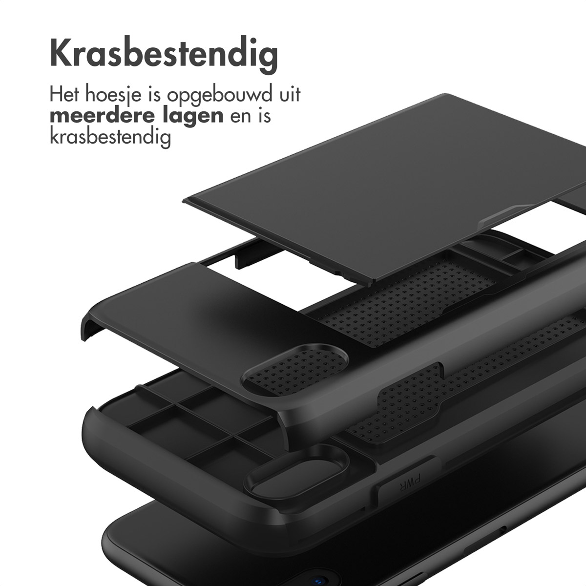 Vue éclatée d'une coque de téléphone noire multicouche.