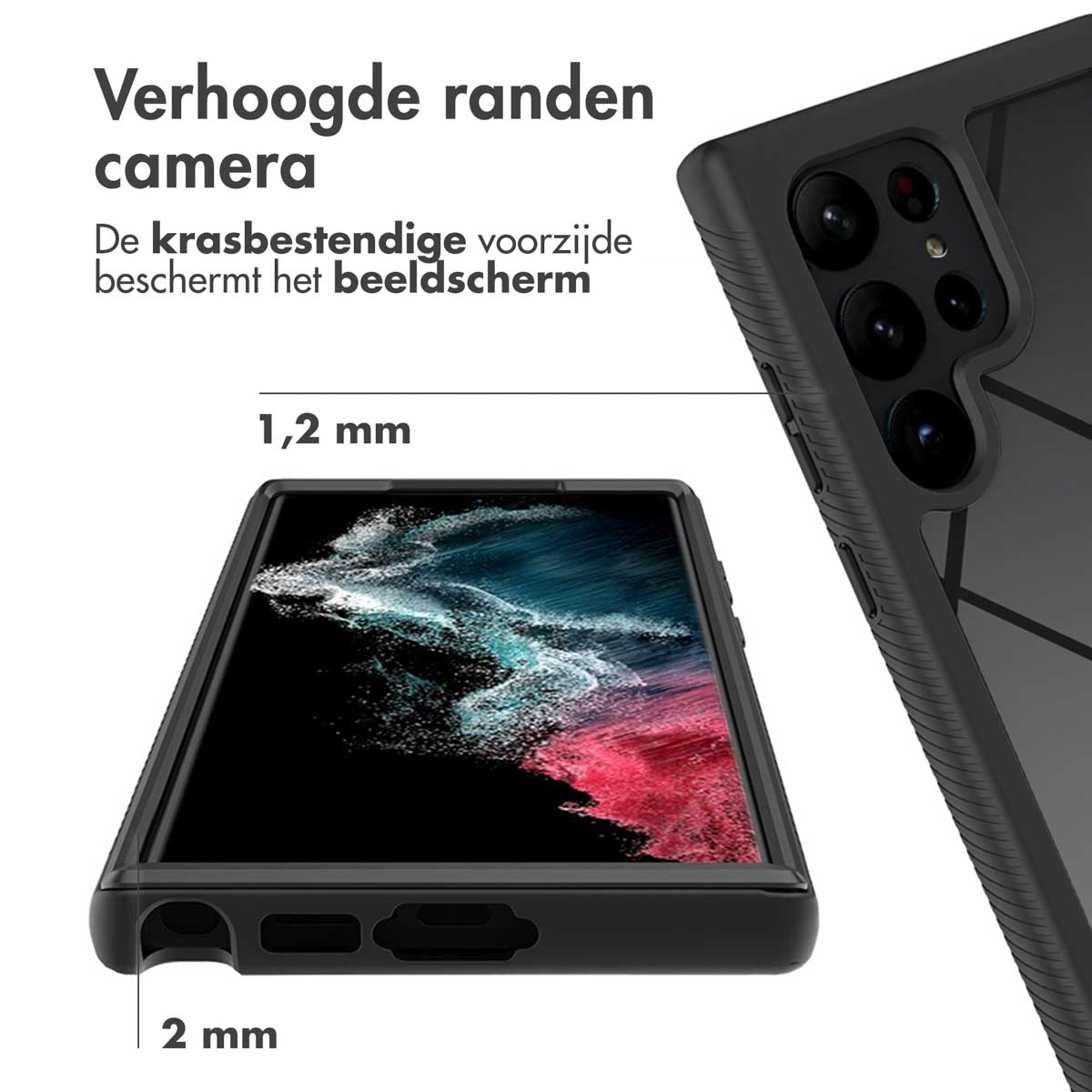 Telefoonhoes met telefoon erin. De hoes heeft verhoogde randen. Afmetingen getoond.