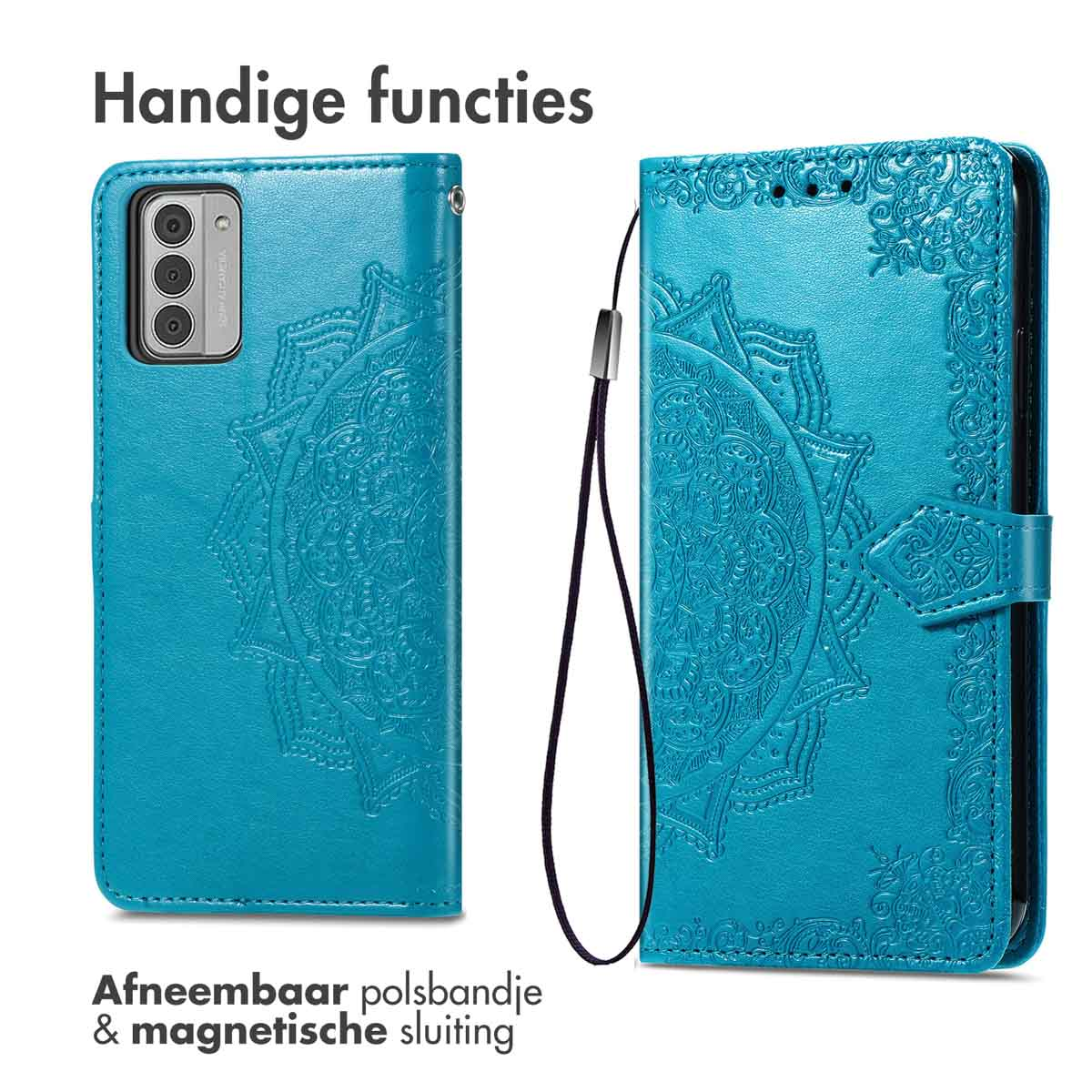 Étui de téléphone turquoise à motif mandala, dragonne amovible et fermeture magnétique.