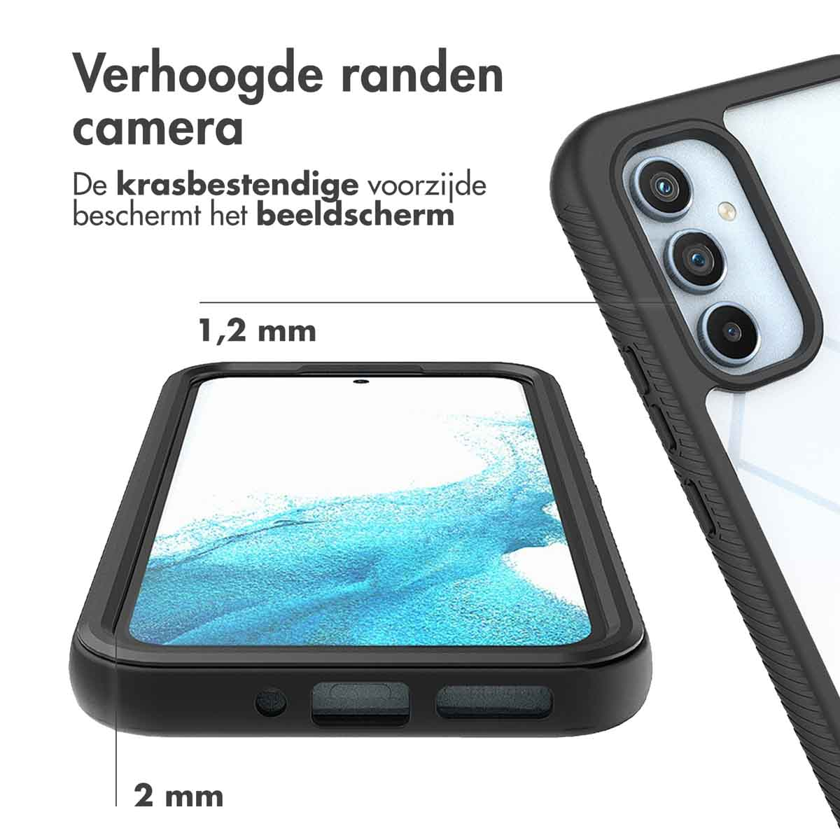 Zwarte telefoonhoes met verhoogde randen voor camera en scherm.