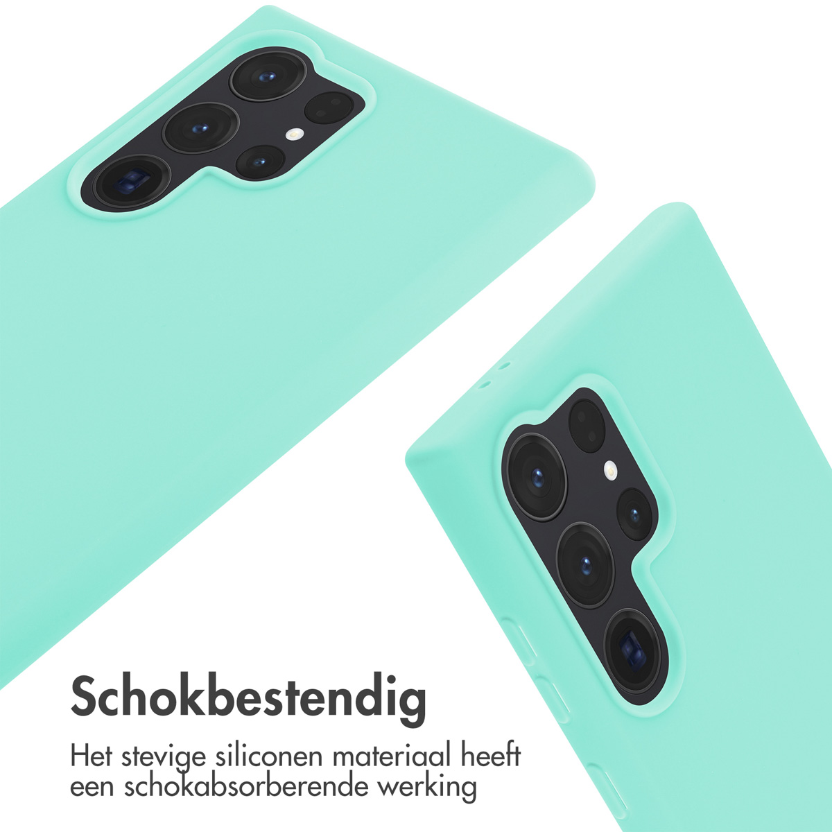Due custodie per telefono verde menta con moduli fotocamera su sfondo bianco.