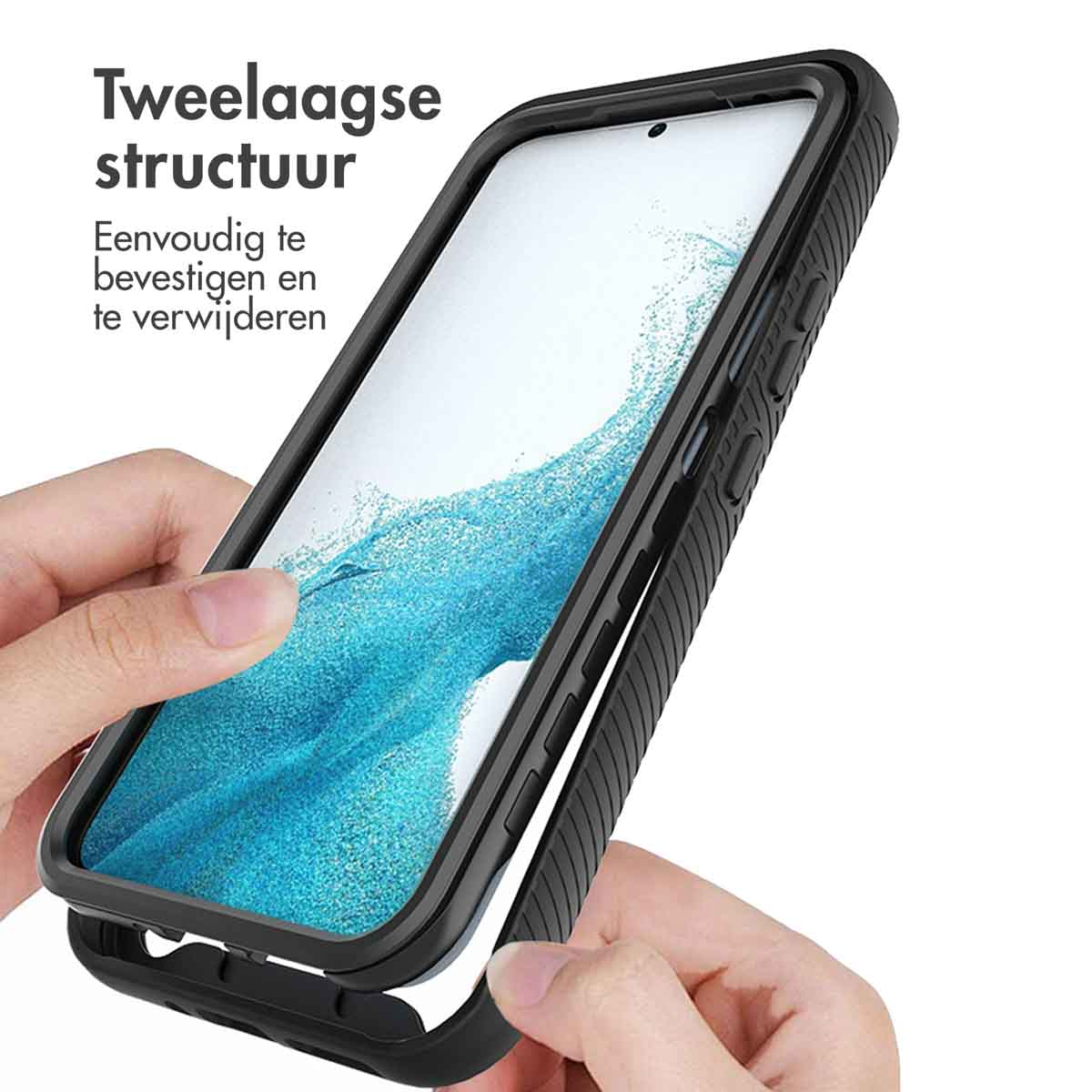 Een zwarte telefoon wordt in een zwarte telefoonhoes geplaatst, tweelaagse structuur.
