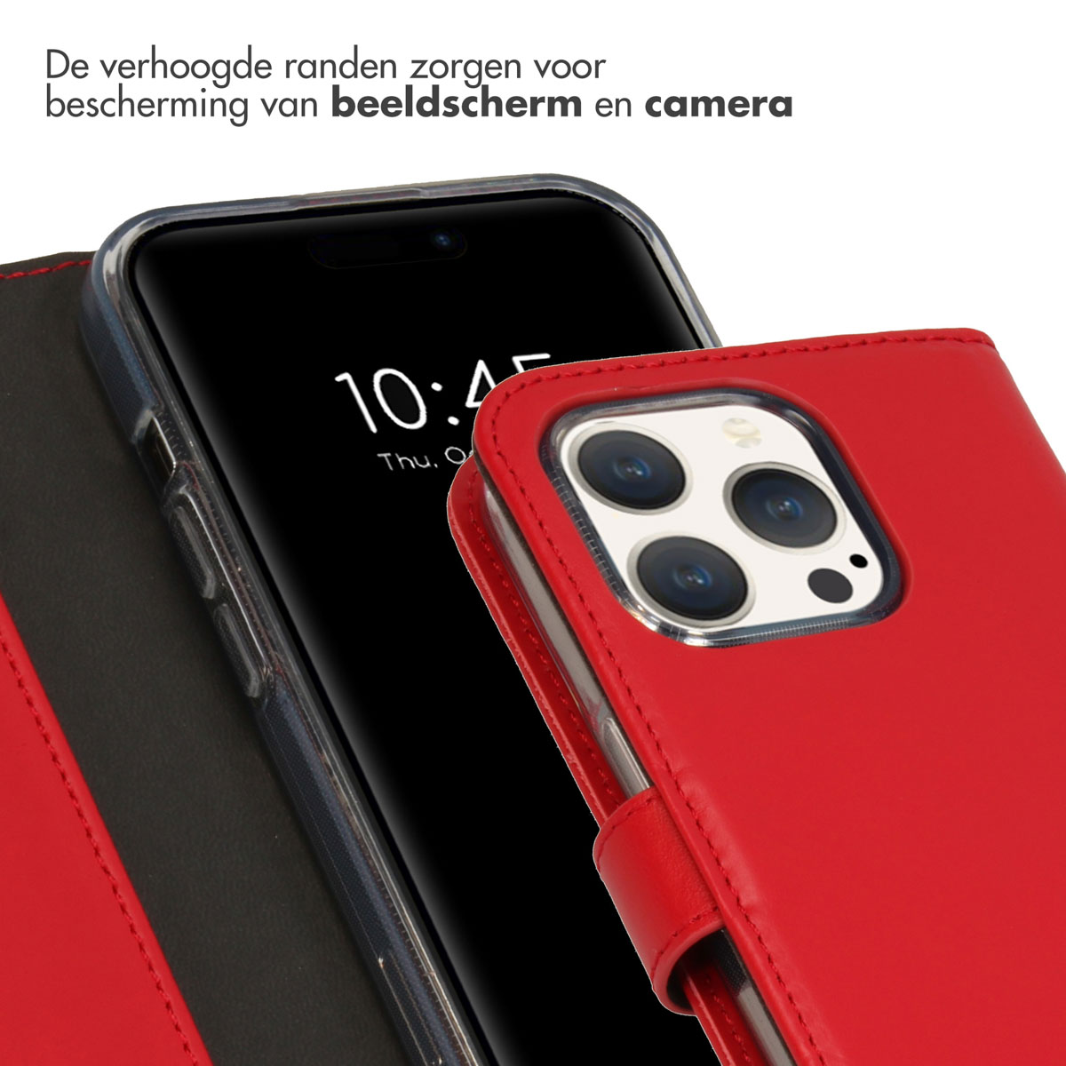 Custodia rossa con telefono dentro. Ora: 10:45, giovedì, ottobre. Copertura in pelle rossa.