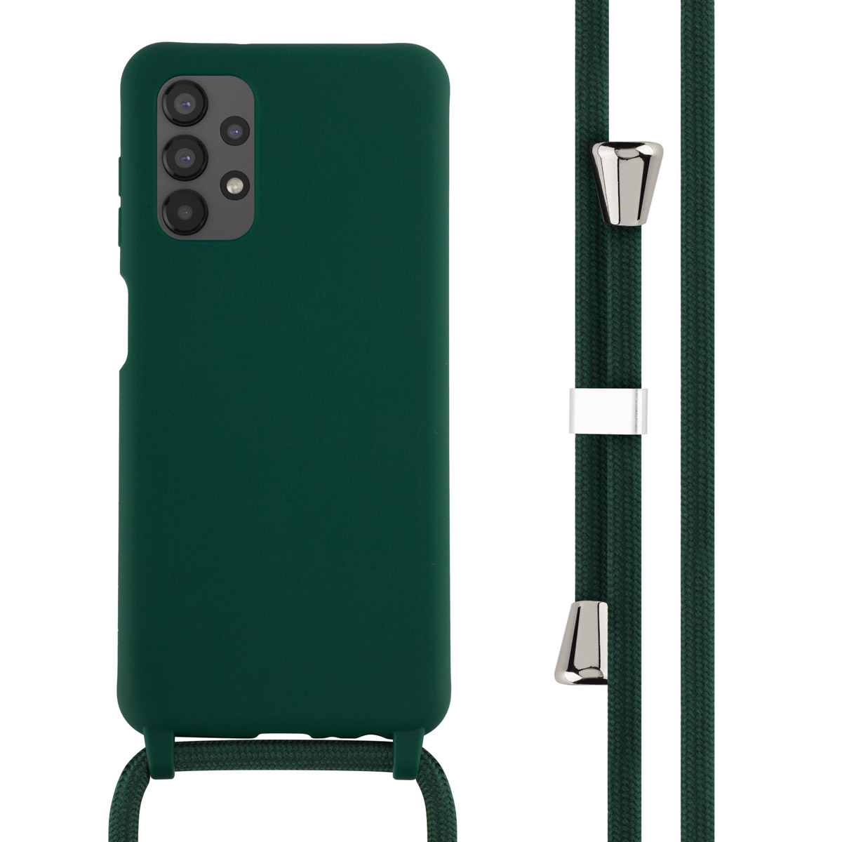 A dark green phone case with a dark green cord and silver attachments. The phone is on a white background.