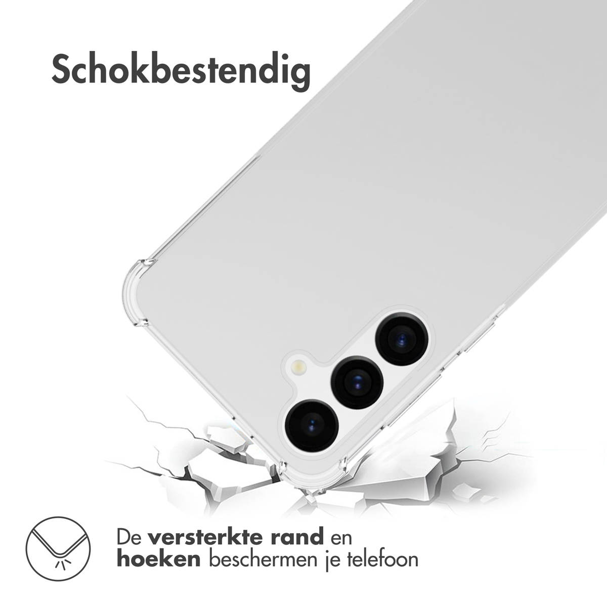 Een telefoon in hoes valt op de grond. De scheuren tonen schokbestendigheid.