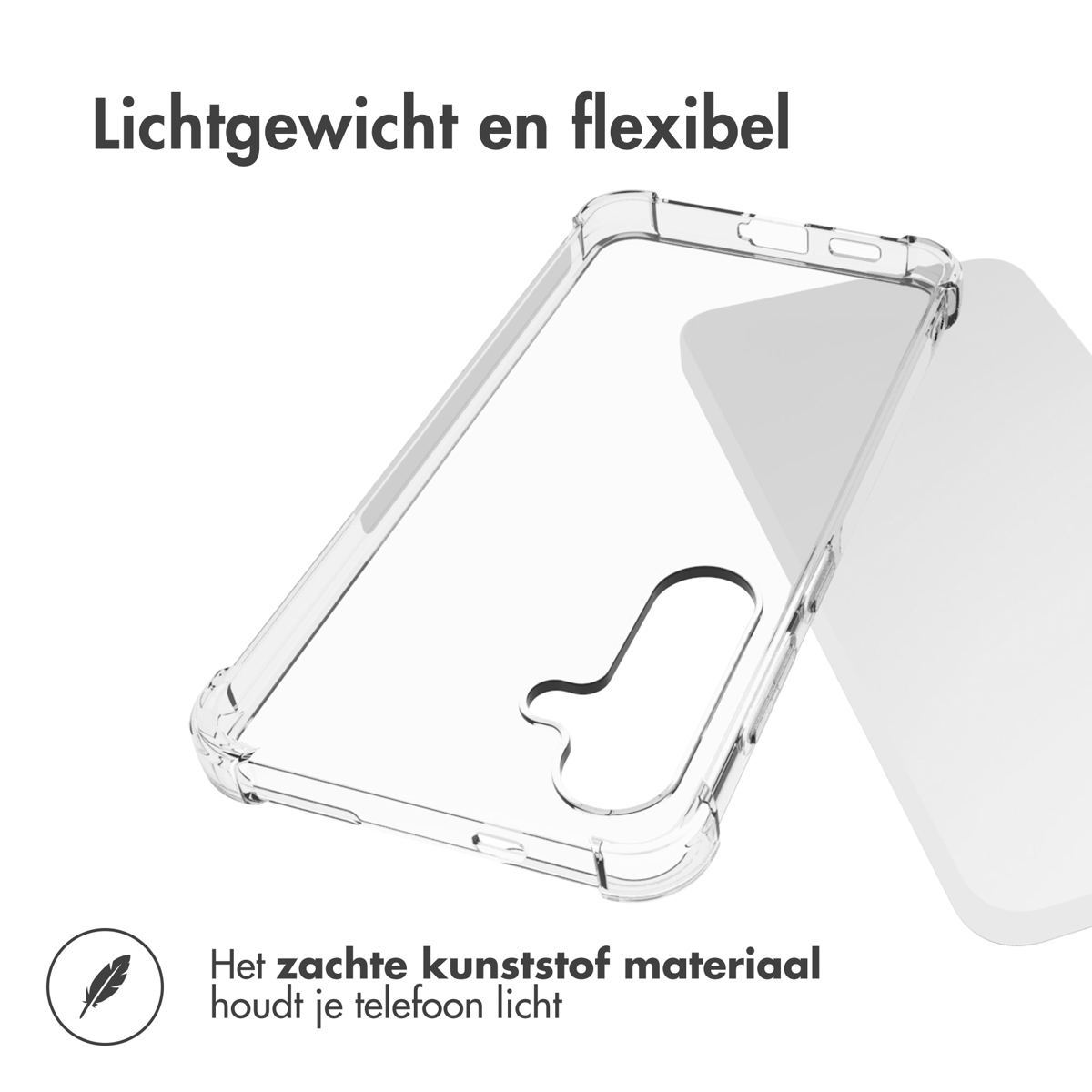 Transparante telefoonhoes, telefoon erin. De hoes is transparant. Licht en flexibel. Het zachte kunststof materiaal.