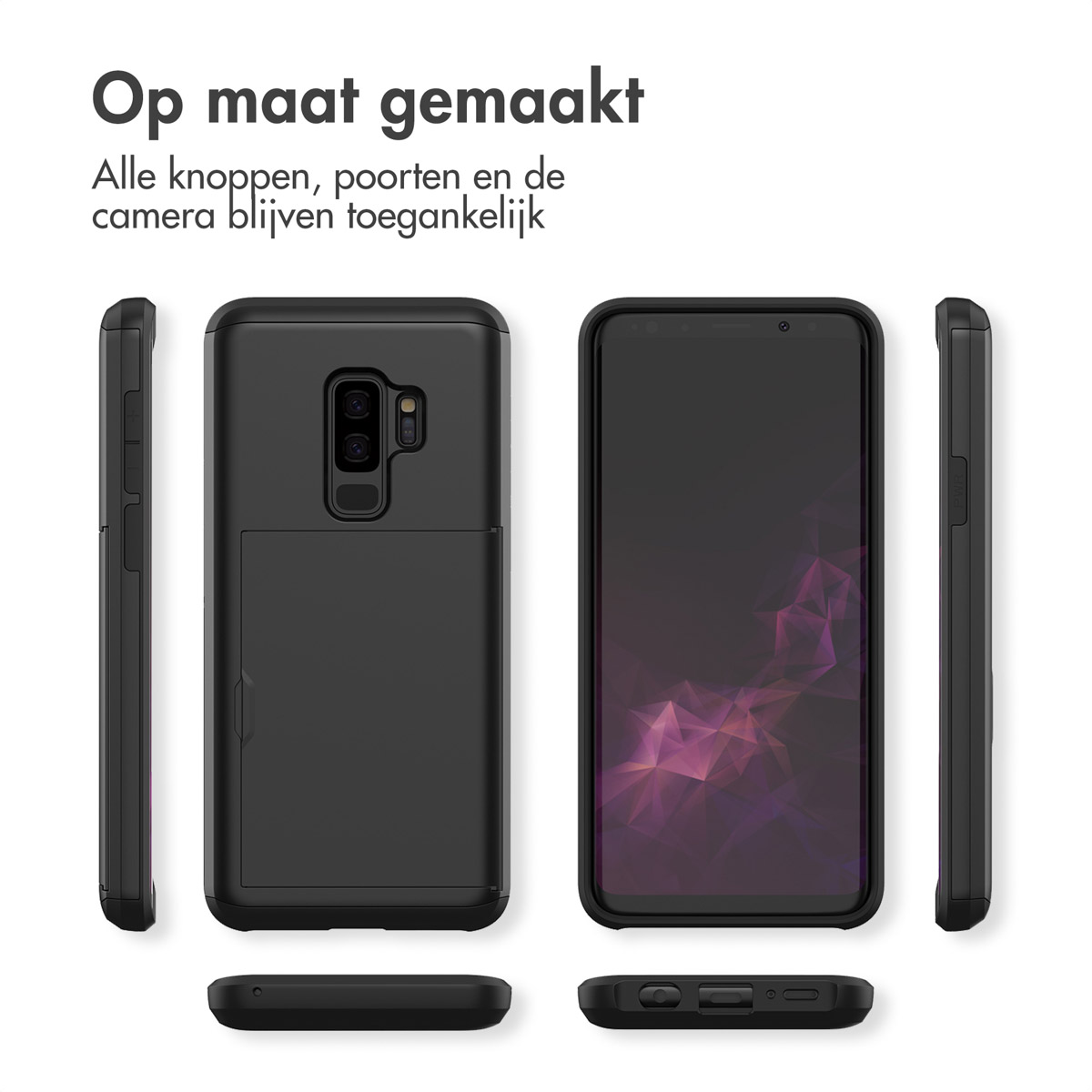 Smartphone nero con custodia, viste frontale, posteriore e laterale, sfondo bianco.