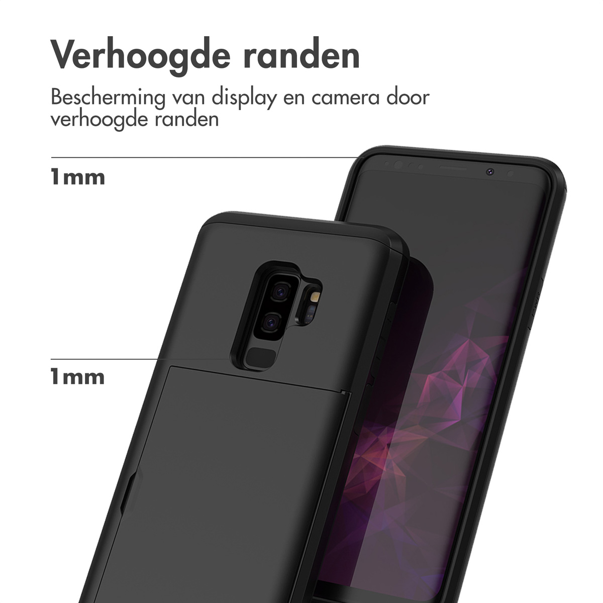 Custodia nera per telefono con bordi rialzati di 1 mm che proteggono display e fotocamera.
