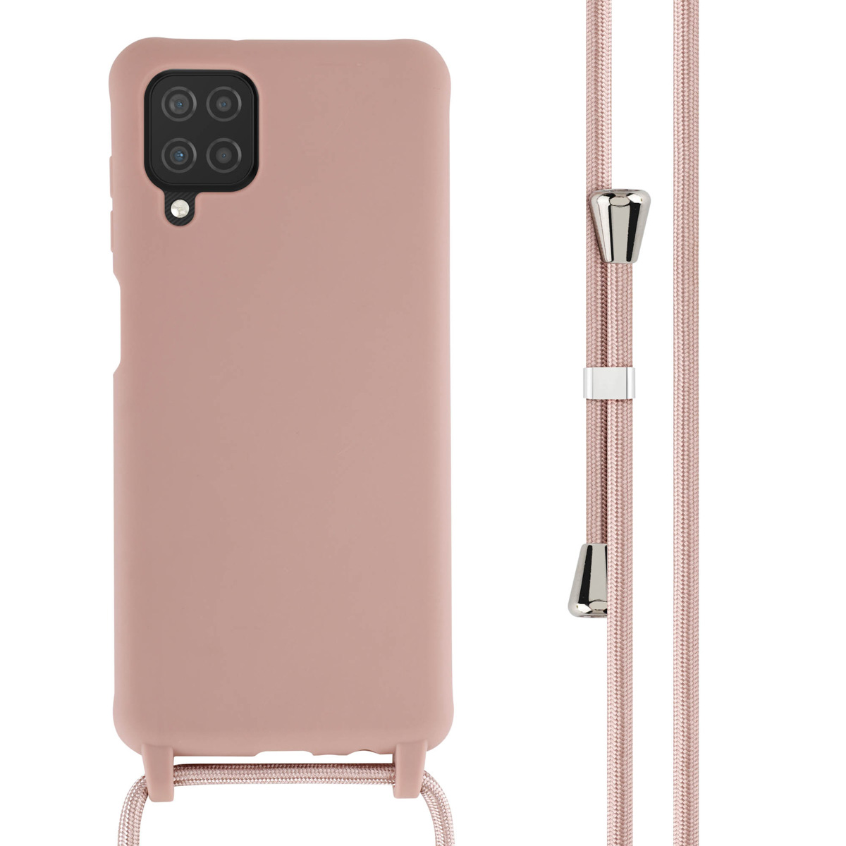 Coque de téléphone rose avec cordon rose. Le cordon a des accents argentés. Fond blanc.
