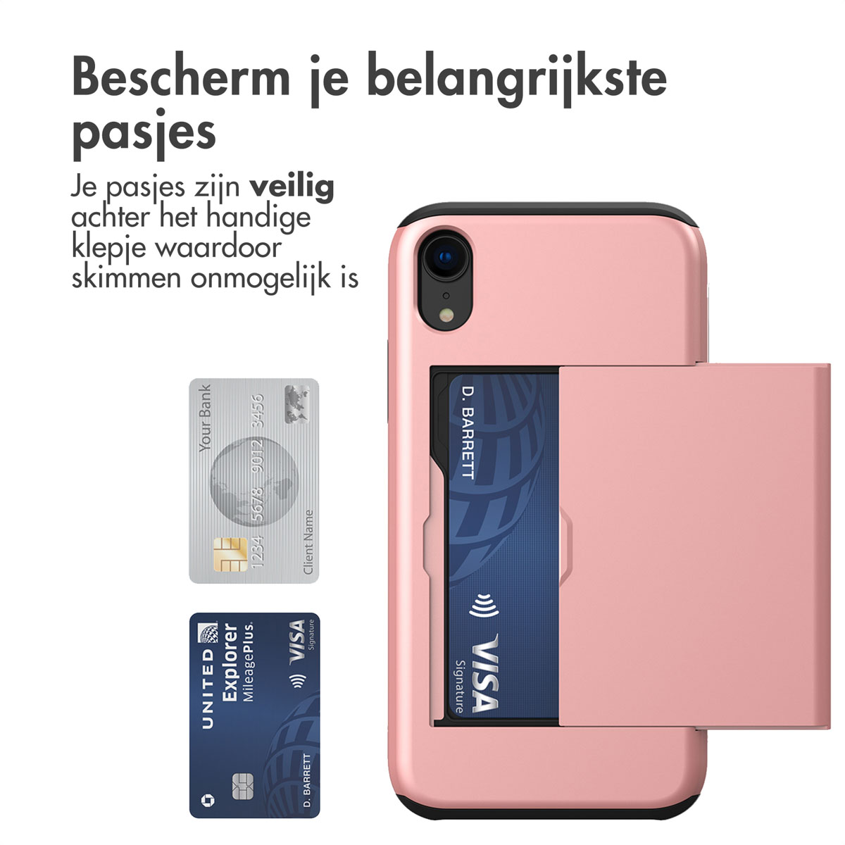 Coque de téléphone rose avec fente pour cartes et cartes. La coque est ouverte, montrant la fente.