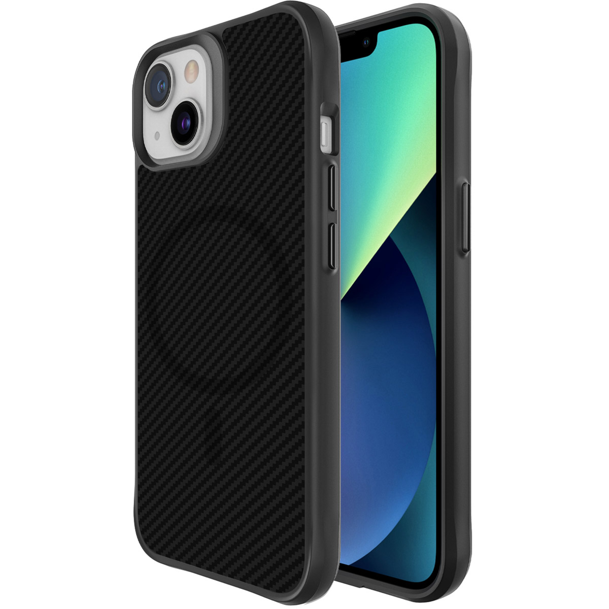 Coque de téléphone noire avec motif en fibre de carbone et découpe pour l'appareil photo.