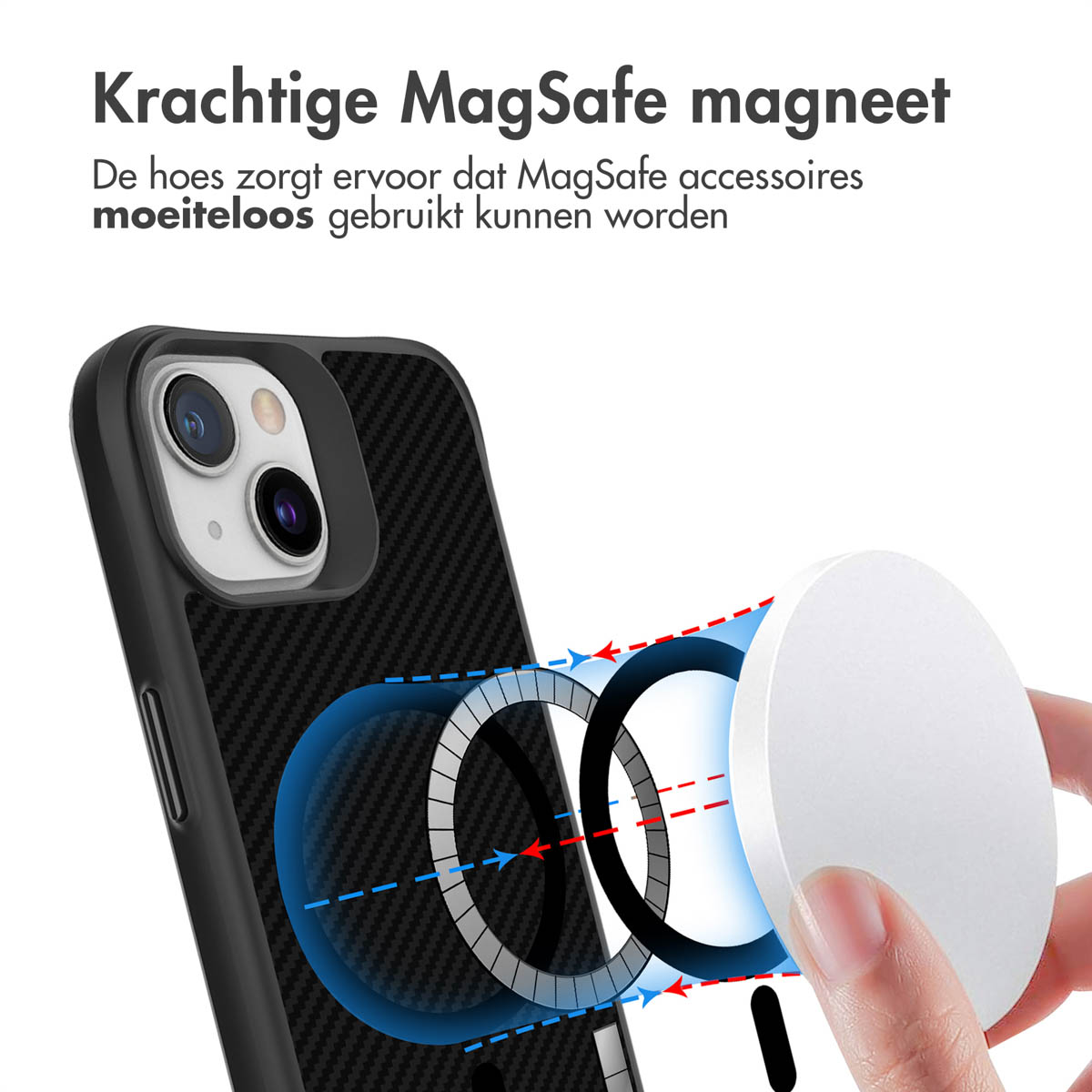 Un aimant MagSafe blanc s'attache à un iPhone noir avec étui à motif carbone.