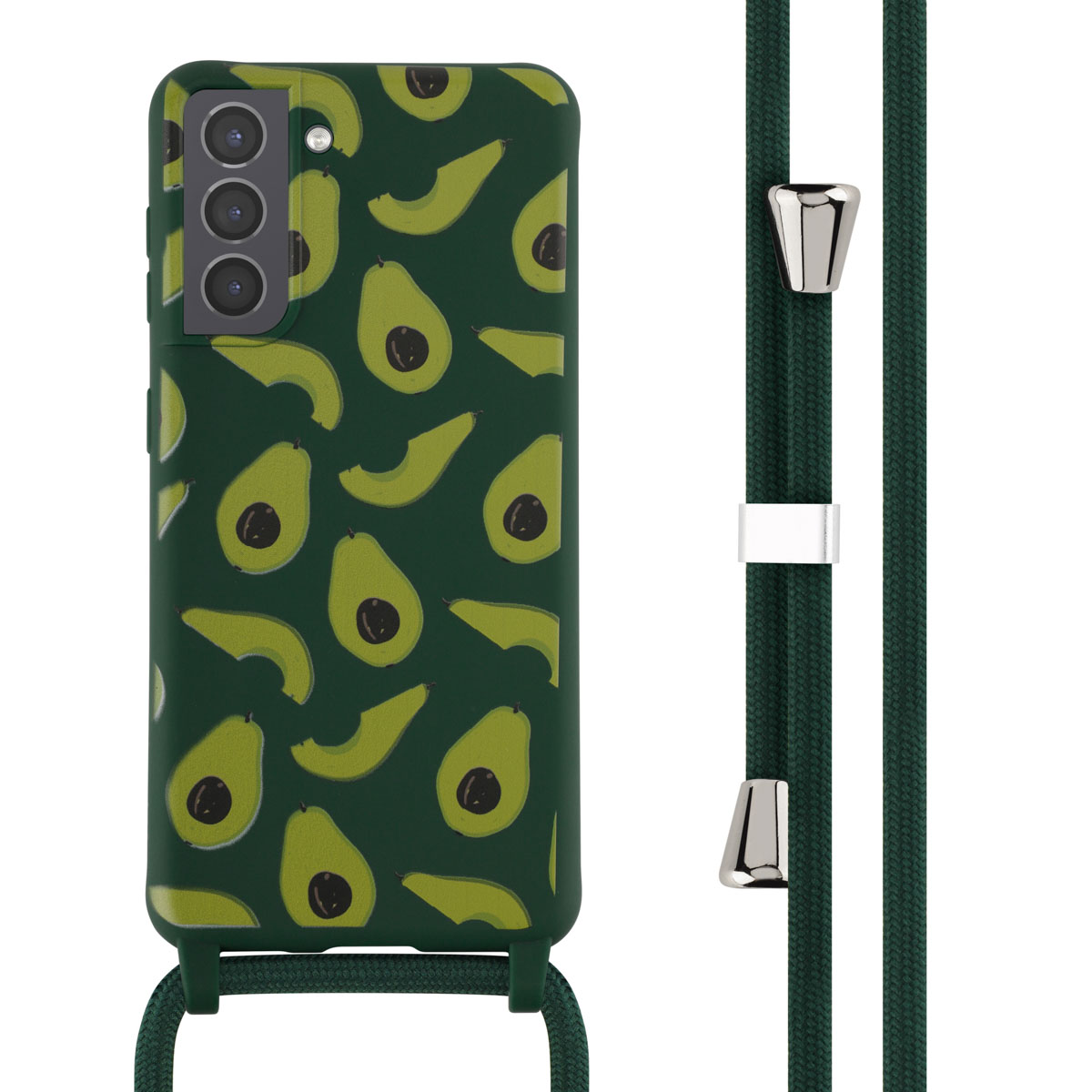Coque de téléphone avec motif avocat et un cordon vert. Le téléphone a trois caméras.