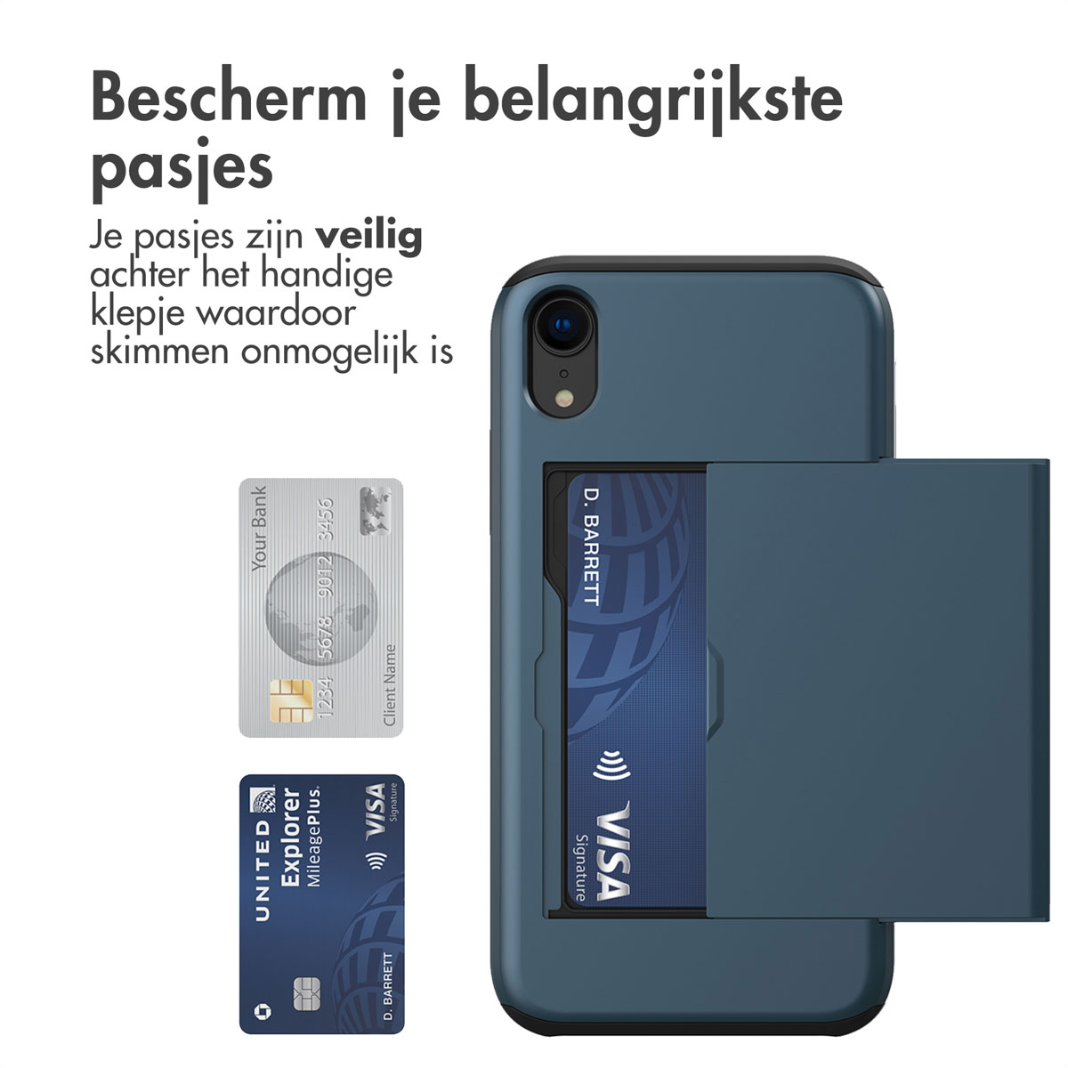 Blauwe telefoonhoes met kaartsleuven. Creditcards zijn zichtbaar. Eén is een Visa-kaart.