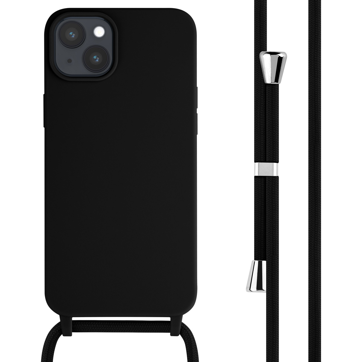 Zwarte telefoonhoes met een zwart koord en zilveren bevestigingen.