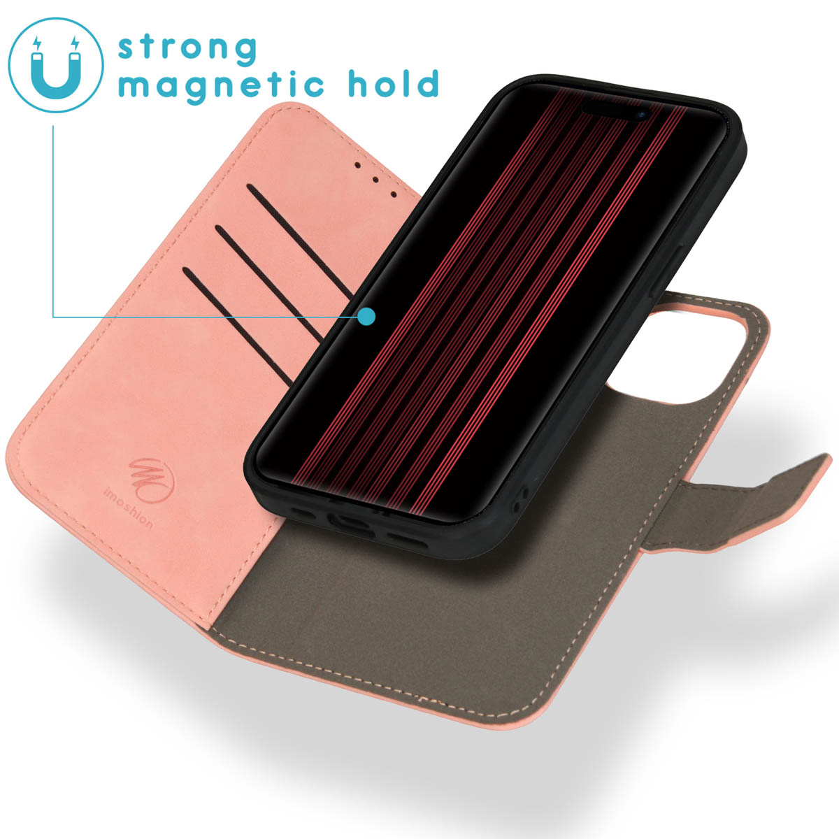 Pink wallet phone case with a black phone inside, showing strong magnetic hold.