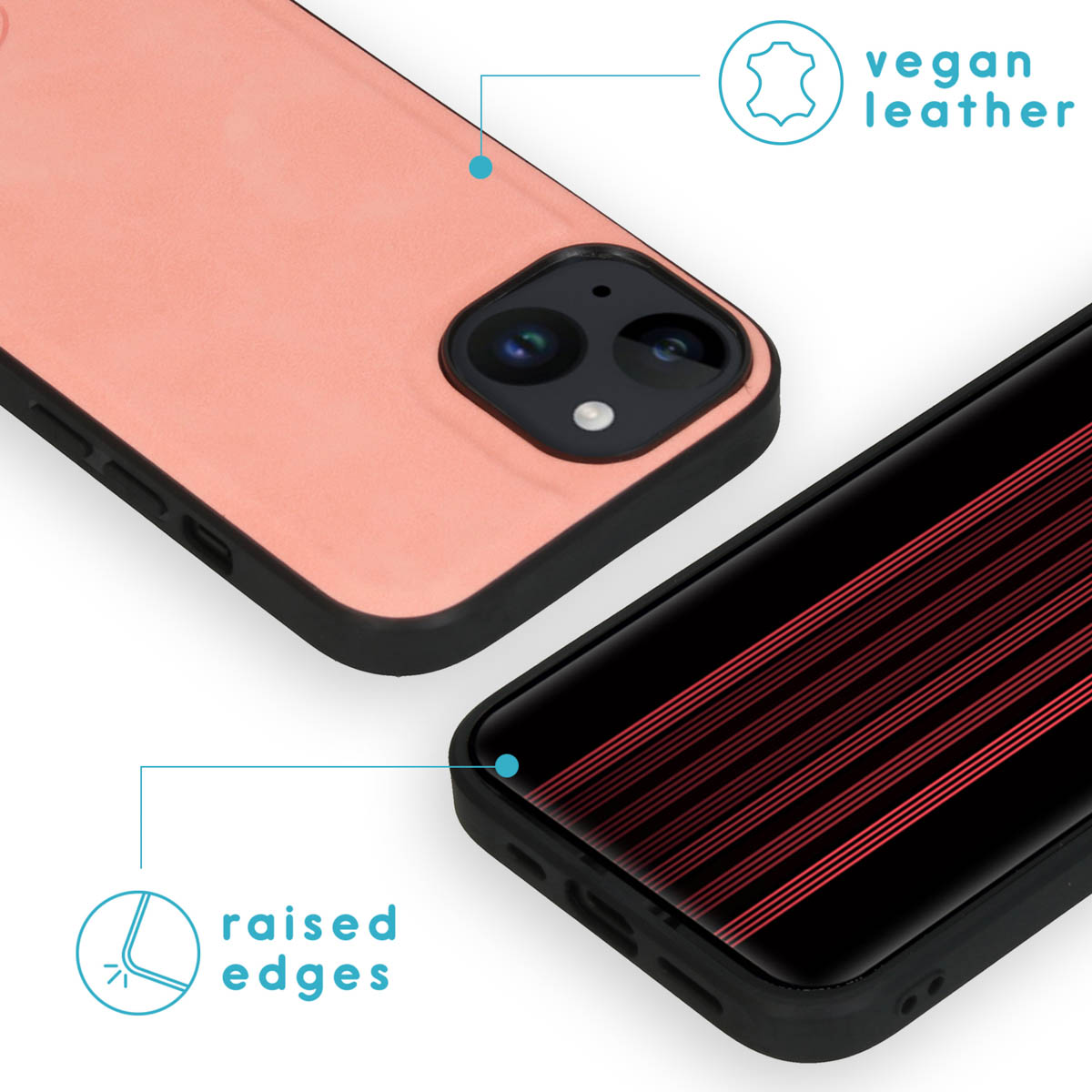 Pink vegan leather phone case with camera cutout and raised edges.