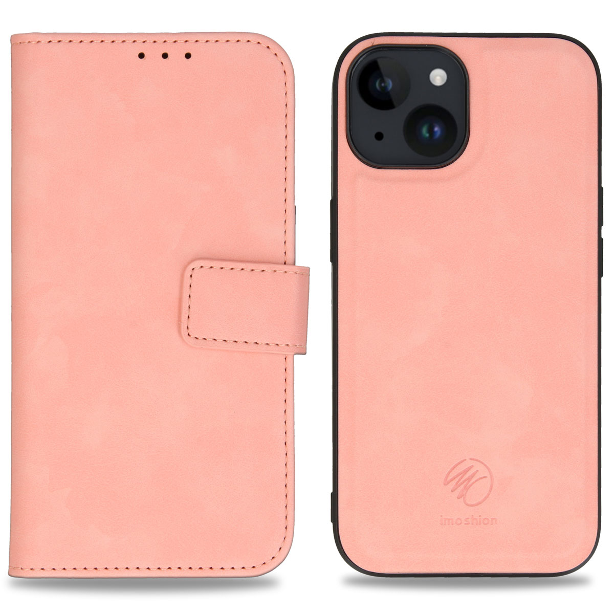 Pink leather phone case open, showing the phone and its cover. Minimalist design.