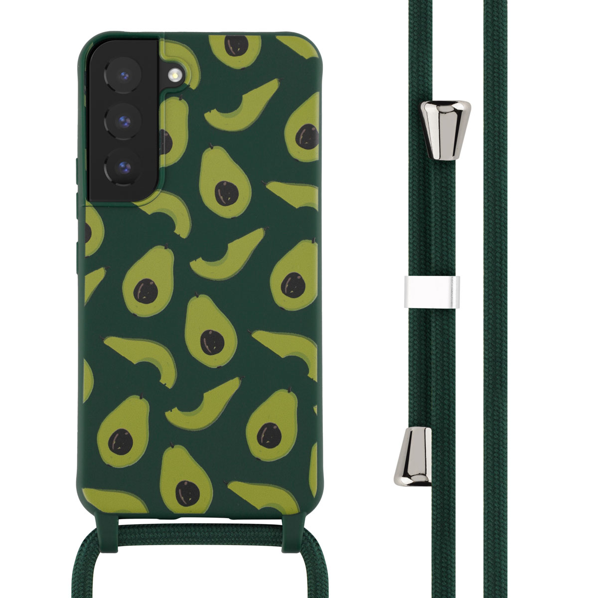 Groene telefoonhoes met avocadopatroon, donkergroene band met zilveren accenten.