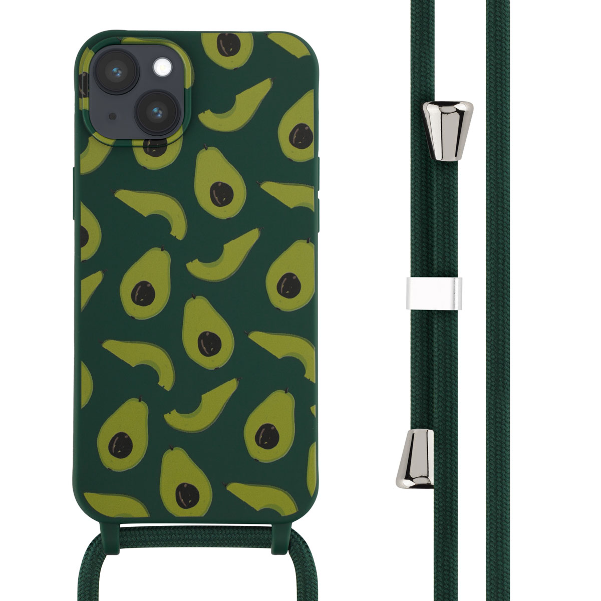 Coque de téléphone verte avec des avocats. Coque de téléphone vert foncé avec une sangle verte. L'étui a un motif.