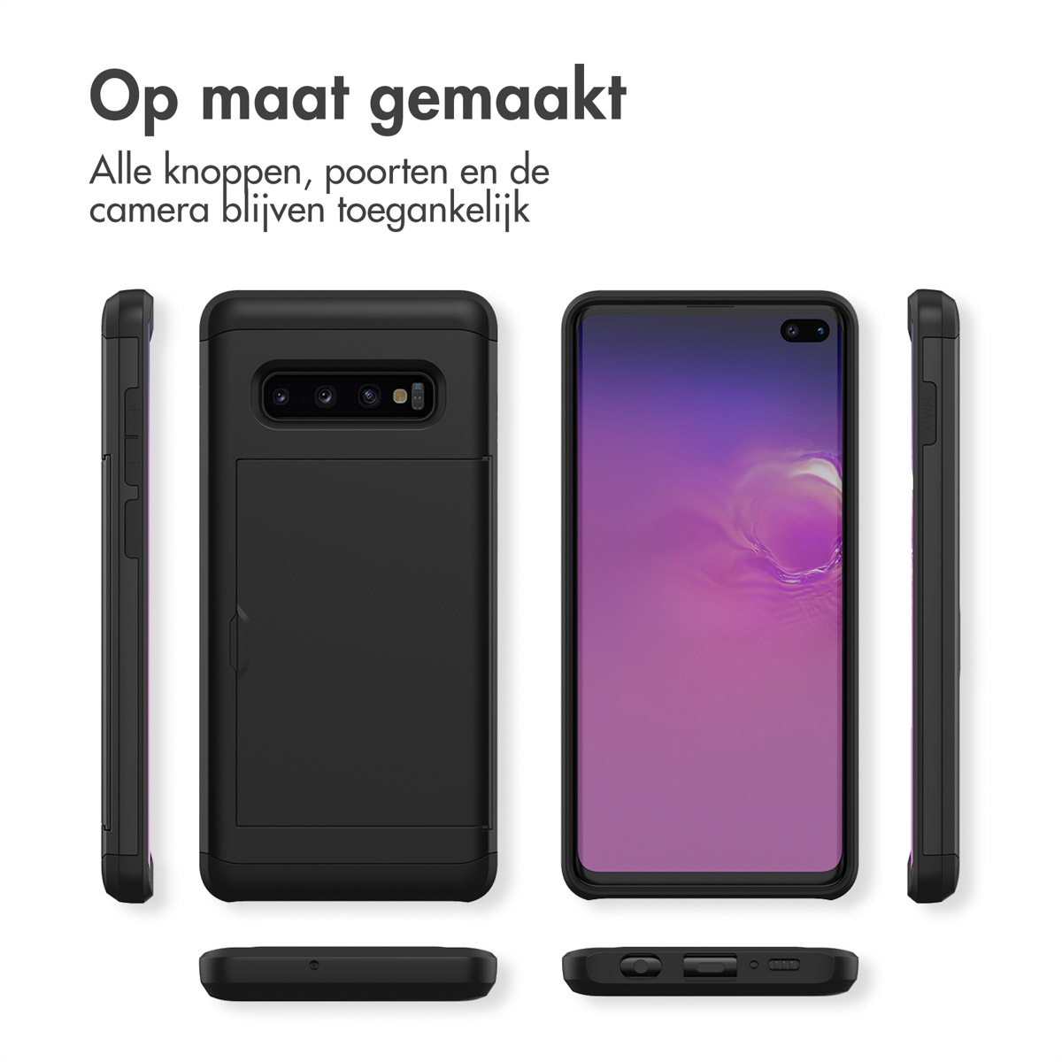 Coque de téléphone noire avec fente pour carte, vues de face et de côté.