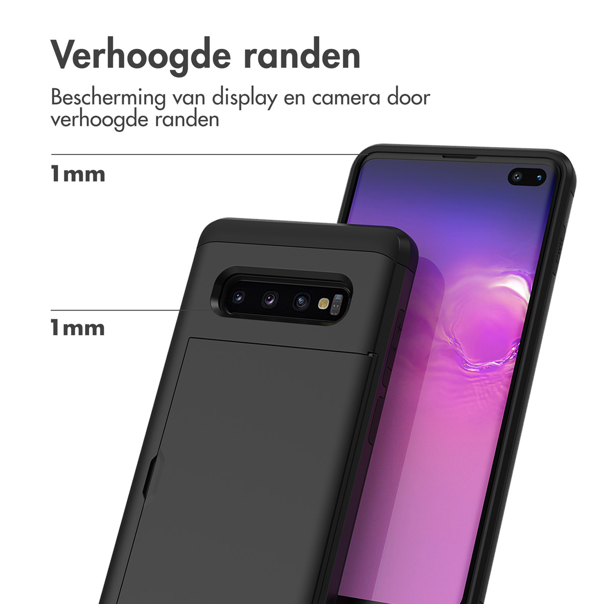 Coque de téléphone noire avec bords surélevés de 1 mm protégeant l'écran et l'appareil photo.